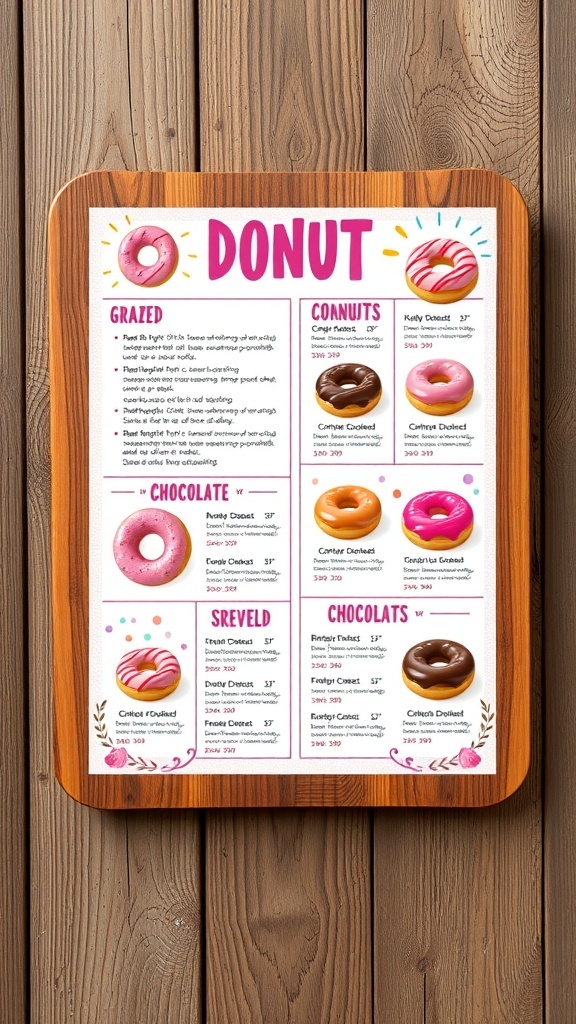 A creative donut menu showcasing various types of donuts with images and descriptions on a wooden board.